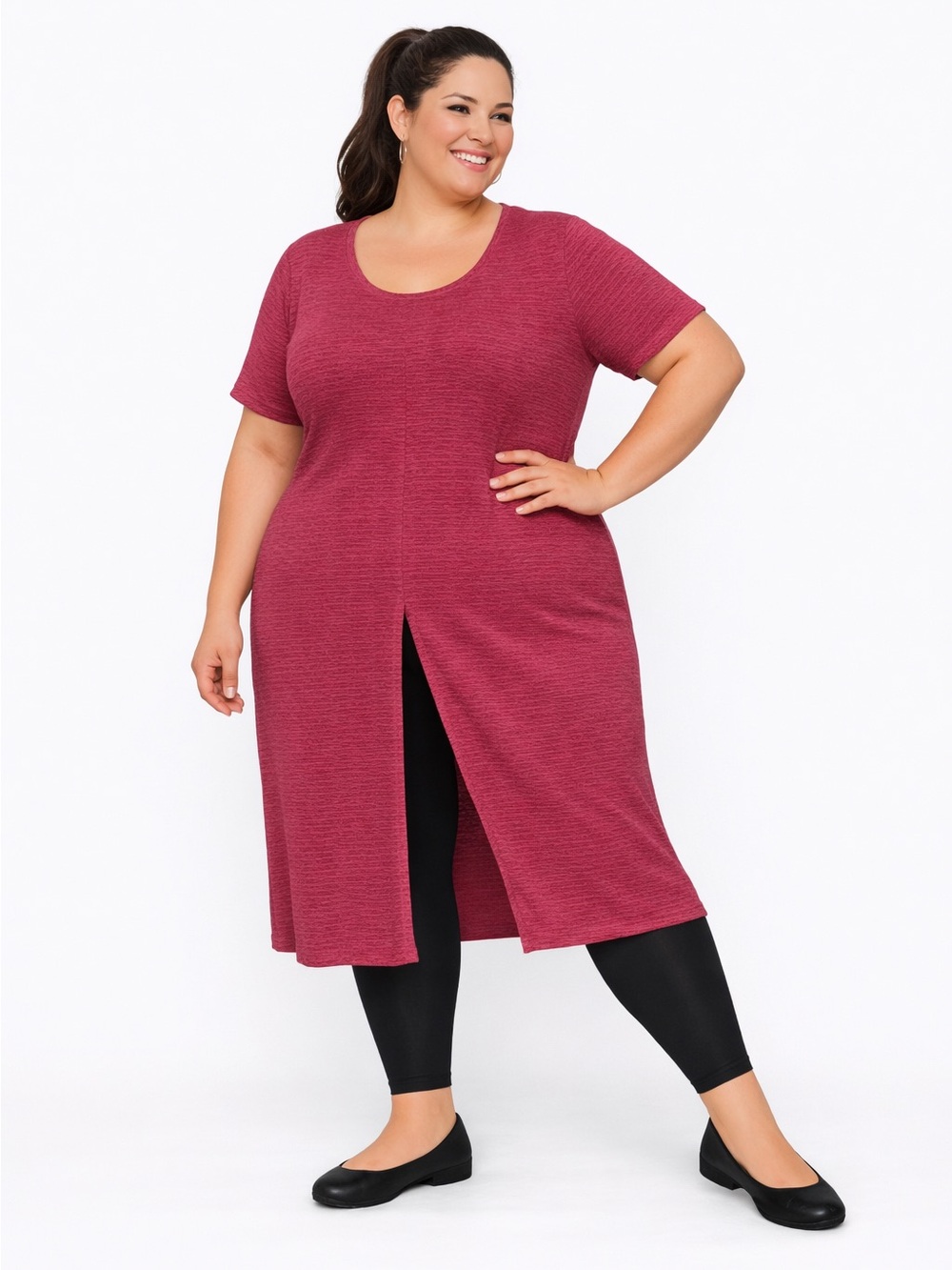 Ashley Stewart Midi-Length Slitted Tunic Spring Summer Fuchsia Pink Duster Top
